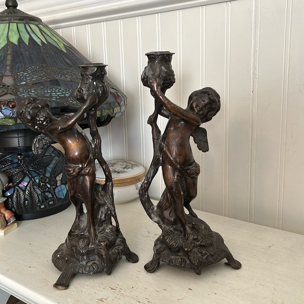 Vintage heavy bronzed metal Cupid candlestick holders candle 12” set